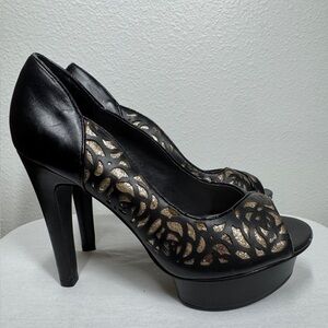 Kurt Geiger Black Laser Cut Rose Floral Gold Metallic Platform Heels Size 36